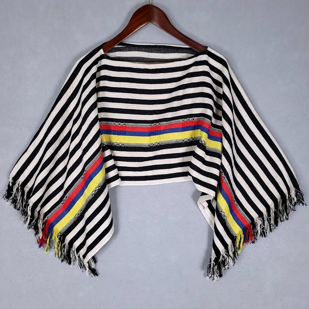 Poncho Women OS Black White Red Blue Yellow Striped Boho Handwoven Cotton Top